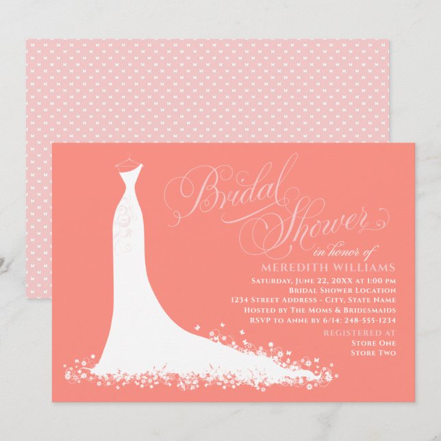 Elegant Coral Wedding Gown Bridal Shower Invitation (Front/Back)