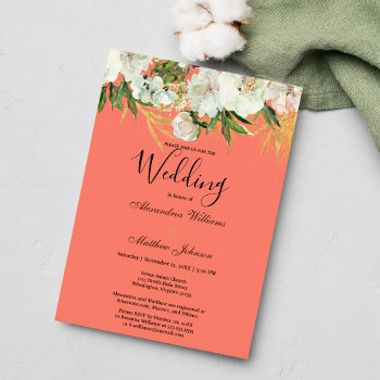 Elegant Coral White Gold Green Floral Wedding Invitation by kicksdesign at Zazzle
