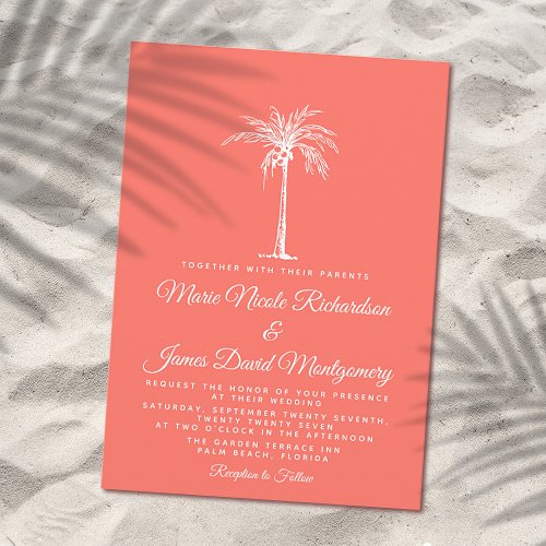 Elegant Coral White Palm Tree Formal Beach Wedding Invitation