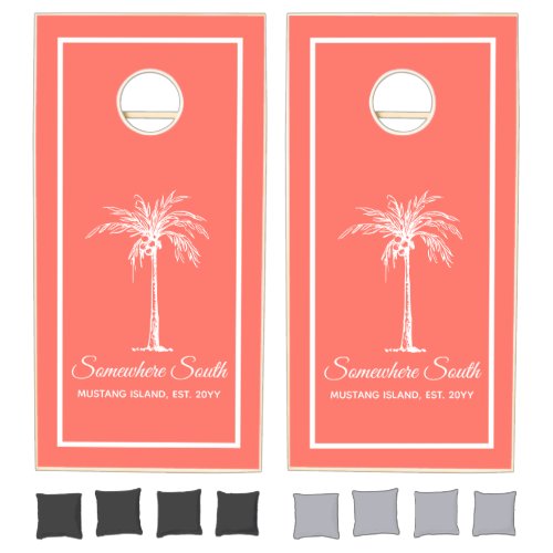 Elegant Coral White Palm Tree Personalized Cornhole Set