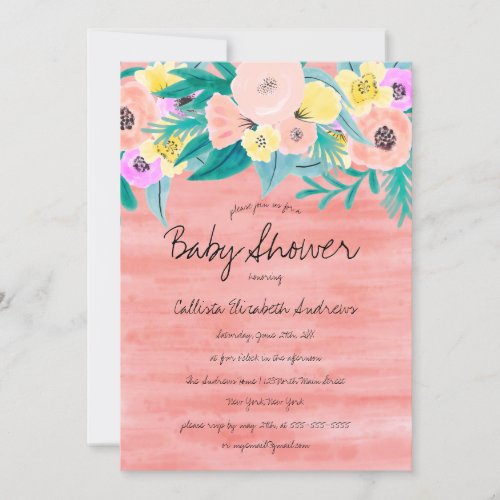 Elegant Coral Yellow Floral Watercolor Baby Shower Invitation