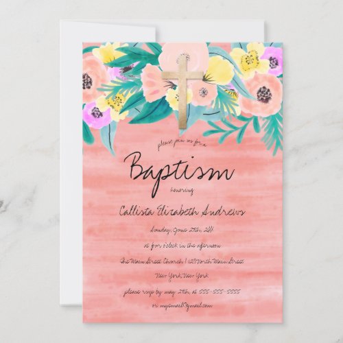 Elegant Coral Yellow Floral Watercolor Baptism Invitation