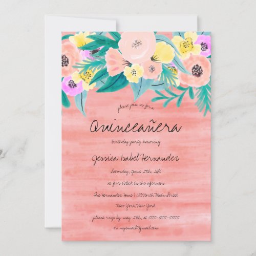 Elegant Coral Yellow Floral Watercolor Quinceaera Invitation