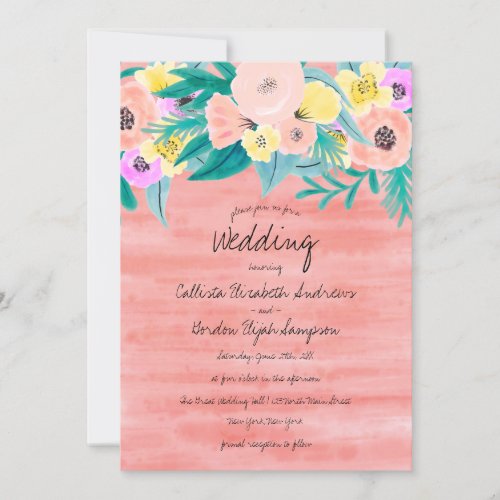Elegant Coral Yellow Floral Watercolor Wedding Invitation