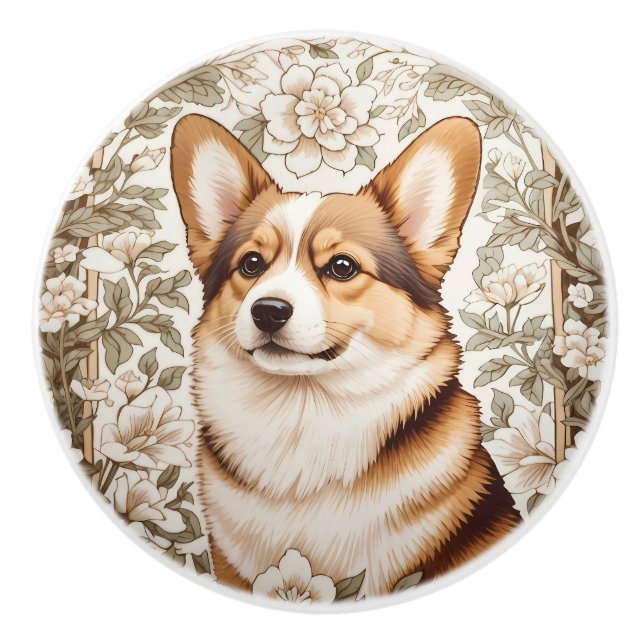 Elegant Corgi Cream Floral William Morris Inspired Ceramic Knob (Front)