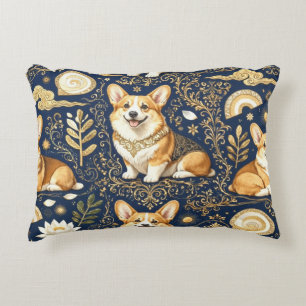 Elegant Corgi Dogs Gold Damask Navy Blue Accent Pillow