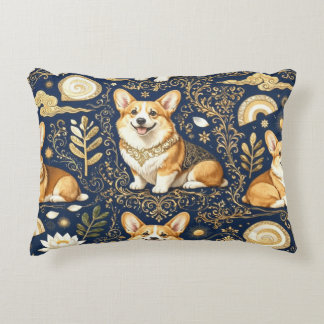 Elegant Corgi Dogs Gold Damask Navy Blue Accent Pillow