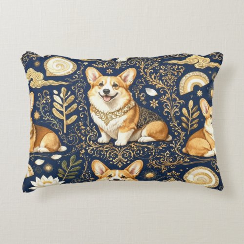 Elegant Corgi Dogs Gold Damask Navy Blue Accent Pillow