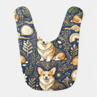 Elegant Corgi Dogs Gold Damask Navy Blue Pattern Baby Bib