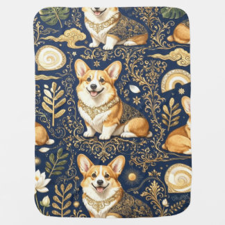 Elegant Corgi Dogs Gold Damask Navy Blue Pattern Baby Blanket