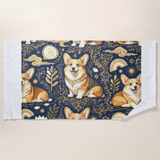 Elegant Corgi Dogs Gold Damask Navy Blue Pattern Beach Towel