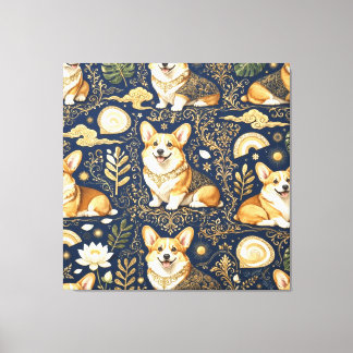 Elegant Corgi Dogs Gold Damask Navy Blue Pattern Canvas Print