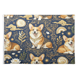 Elegant Corgi Dogs Gold Damask Navy Blue Pattern Cloth Placemat