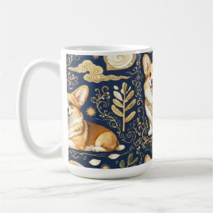 Elegant Corgi Dogs Gold Damask Navy Blue Pattern  Coffee Mug