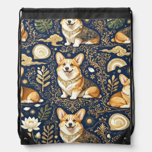 Elegant Corgi Dogs Gold Damask Navy Blue Pattern Drawstring Bag