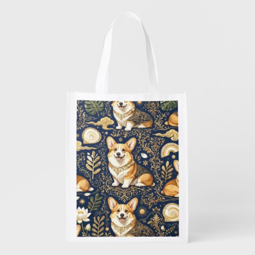 Elegant Corgi Dogs Gold Damask Navy Blue Pattern Grocery Bag