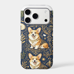 Elegant Corgi Dogs Gold Damask Navy Blue Pattern iPhone 17 Pro Case