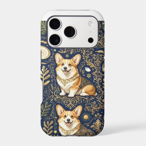Elegant Corgi Dogs Gold Damask Navy Blue Pattern iPhone 17 Pro Case