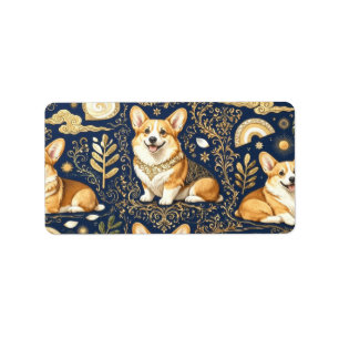 Elegant Corgi Dogs Gold Damask Navy Blue Pattern Label