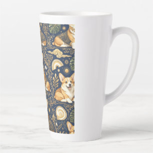 Elegant Corgi Dogs Gold Damask Navy Blue Pattern  Latte Mug
