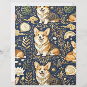 Elegant Corgi Dogs Gold Damask Navy Blue Pattern Letterhead
