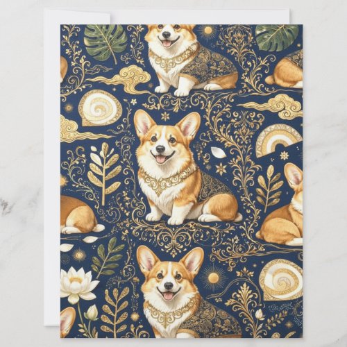 Elegant Corgi Dogs Gold Damask Navy Blue Pattern Letterhead