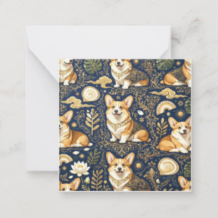 Elegant Corgi Dogs Gold Damask Navy Blue Pattern  Note Card