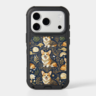 Elegant Corgi Dogs Gold Damask Navy Blue Pattern iPhone 17 Pro Case