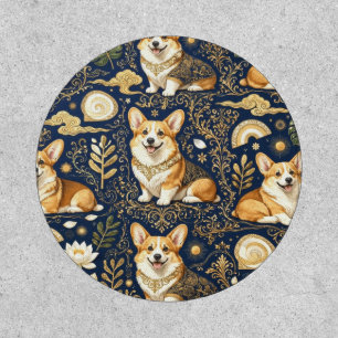 Elegant Corgi Dogs Gold Damask Navy Blue Pattern Patch