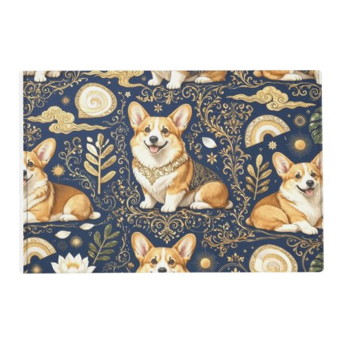 Elegant Corgi Dogs Gold Damask Navy Blue Pattern Placemat