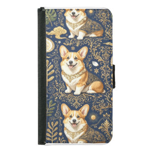Elegant Corgi Dogs Gold Damask Navy Blue Pattern Samsung Galaxy S5 Wallet Case