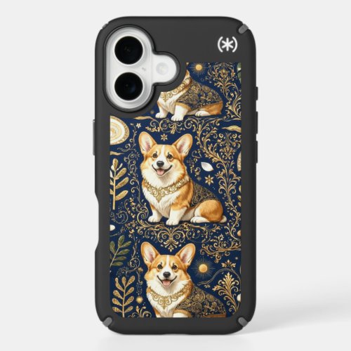 Elegant Corgi Dogs Gold Damask Navy Blue Pattern iPhone 16 Case
