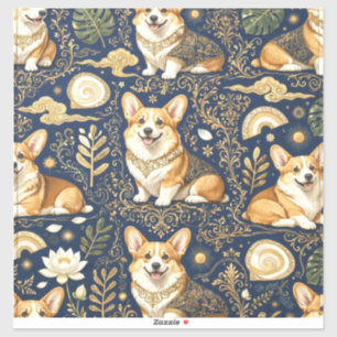 Elegant Corgi Dogs Gold Damask Navy Blue Pattern Sticker
