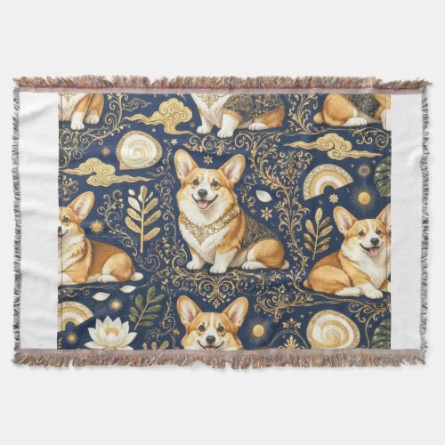 Elegant Corgi Dogs Gold Damask Navy Blue Pattern  Throw Blanket