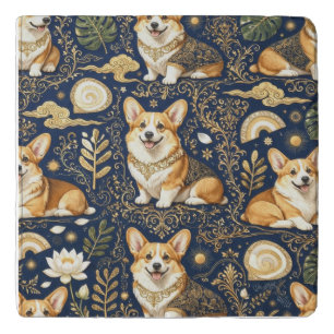 Elegant Corgi Dogs Gold Damask Navy Blue Pattern Trivet
