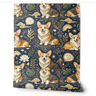 Elegant Corgi Dogs Gold Damask Navy Blue Pattern Wallpaper