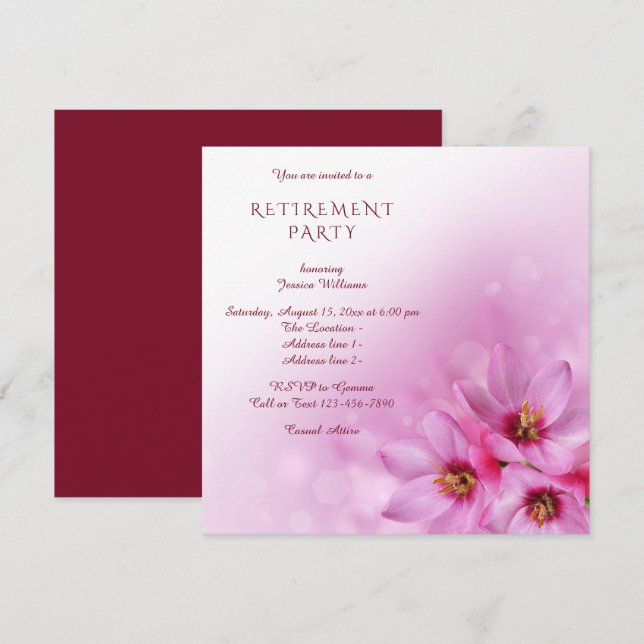 Elegant Corner Flowers, Bokeh Retirement Party Invitation (Front/Back)