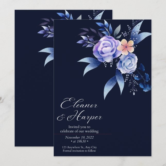 elegant corner peony wreath navy blue wedding invitation (Front/Back)
