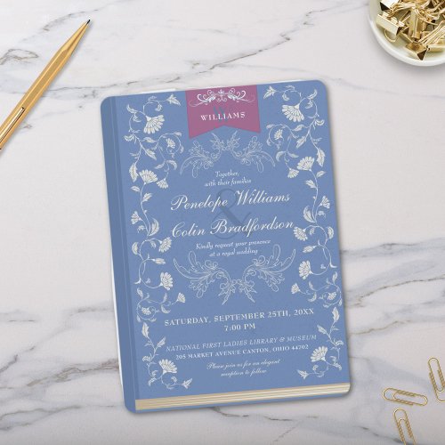 Elegant Cornflower Blue Floral Book Cover Wedding Invitation