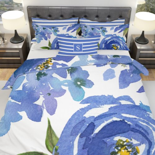 Elegant Cornflower Blue Floral Peonies Watercolor Duvet Cover