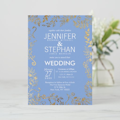 Elegant Cornflower Blue Gold Floral Wedding Invitation | Zazzle