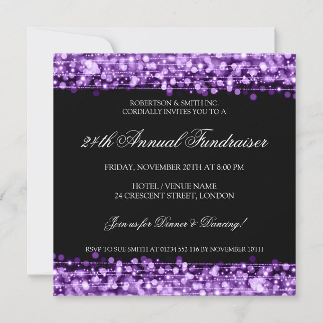 Elegant Corporate Fundraiser Party Sparkles Purple Invitation (Front)