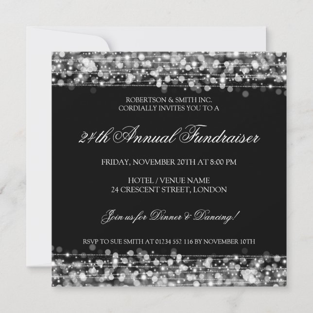 Elegant Corporate Fundraiser Party Sparkles Silver Invitation (Front)