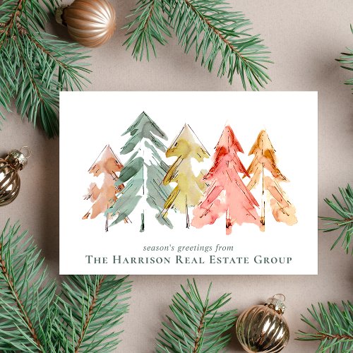 Elegant Corporate Pine Trees Watercolor Holiday Card