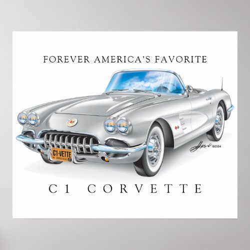 Elegant Corvette C1 Ilustration Silver Color Poster
