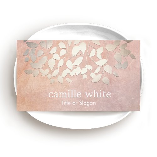 Elegant Cosmetology Faux Gold Foil Leaves Peach Business Cards
