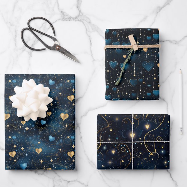 Elegant Cosmic Hearts in Blue and Gold Wrapping Paper Sheets (Front)