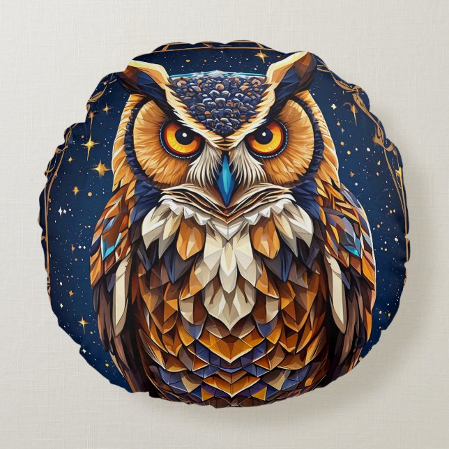 Elegant Cosmic Owl Artwork with Vibrant Feather Round Pillow (Front)