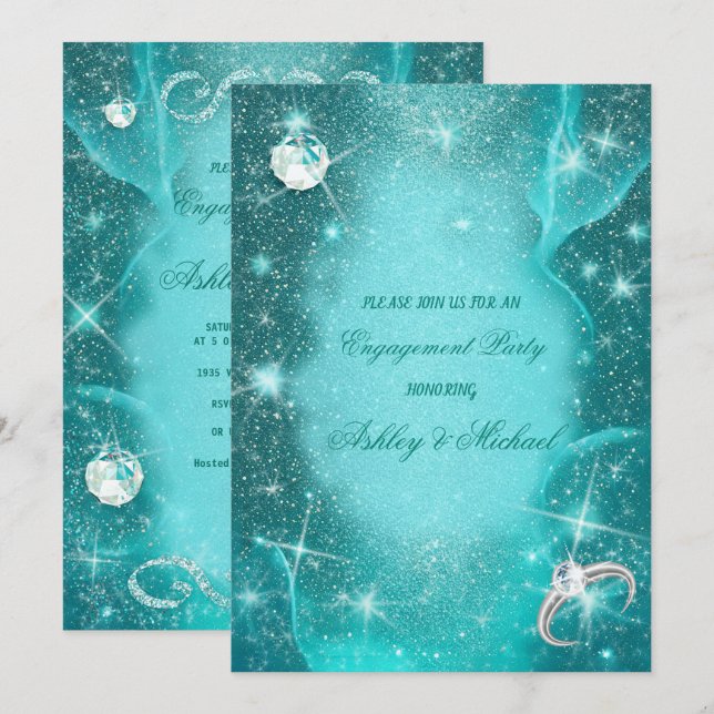 elegant cosmic turquoise green diamonds glitter invitation (Front/Back)