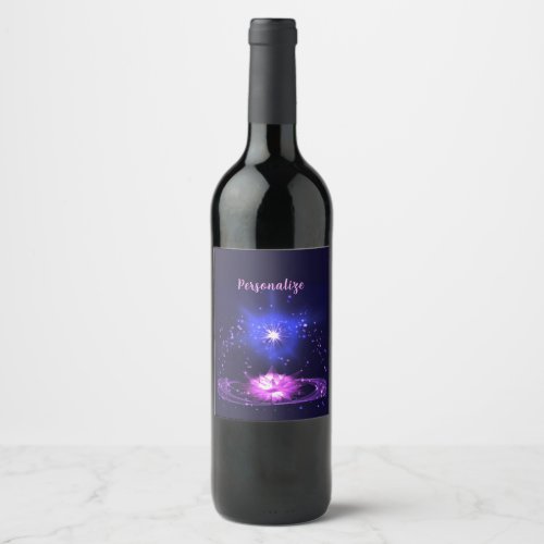 Elegant Cosmic Zen Purple Crystal Lotus Flower Wine Label